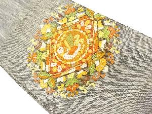 リサイクル　手織り紬抽象鳥模様織出し名古屋帯